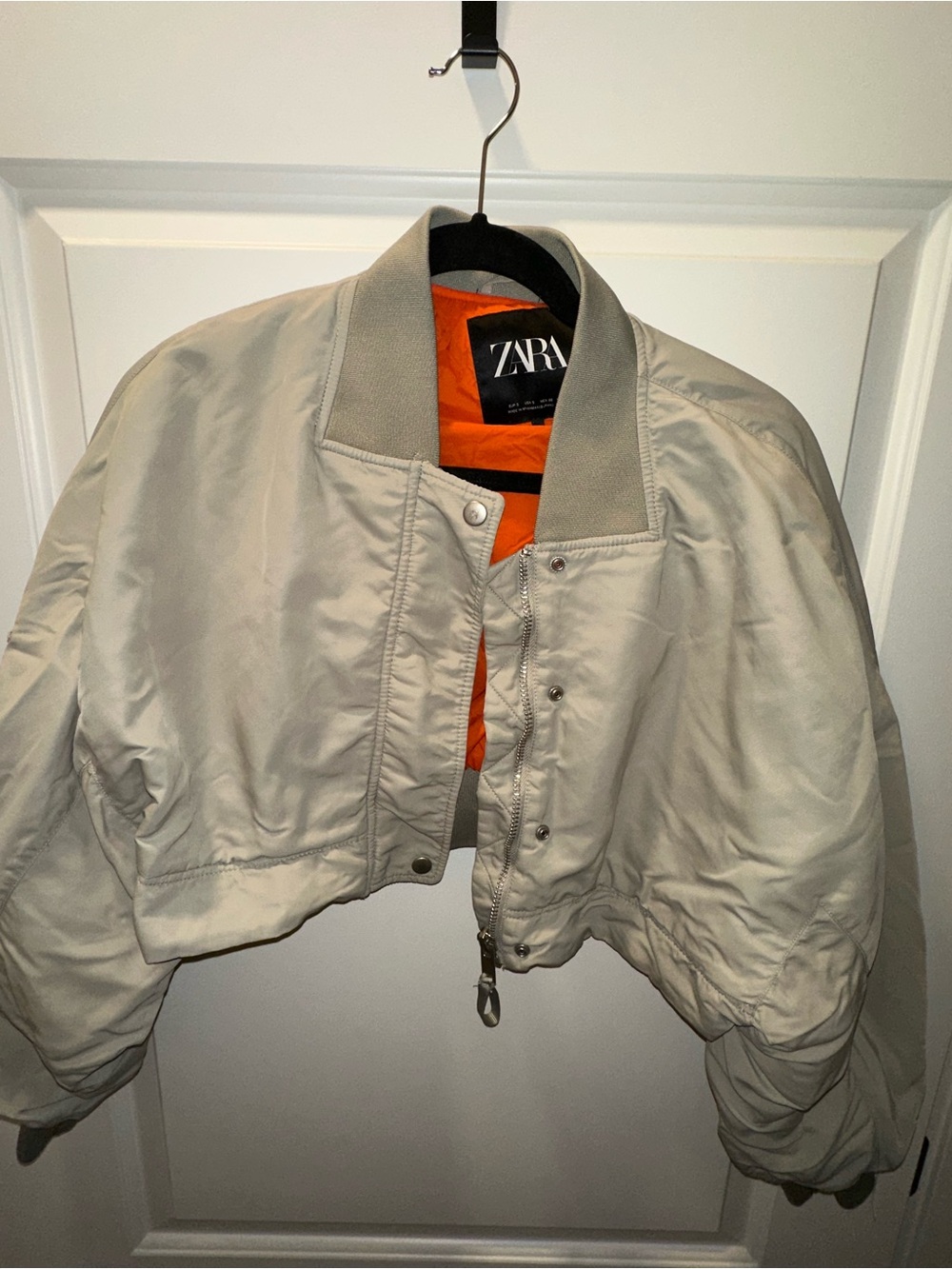 Zara Cropped Bomber Jacket in Beige with Orange Lining